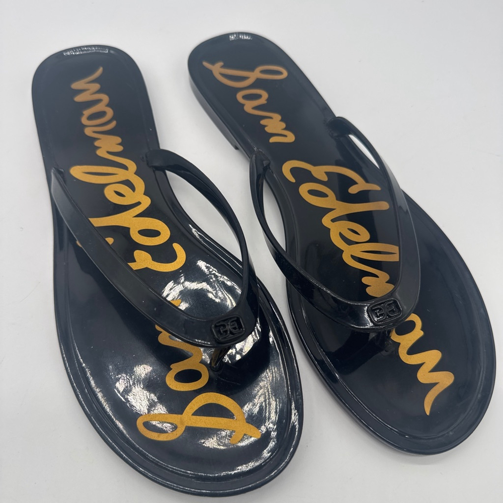 SAM EDELMAN Black Gold Jelly Flip Flop Sandals Size 10
